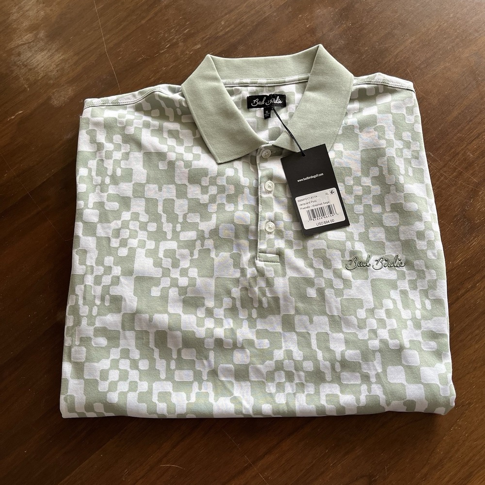 Bad Birdie Mens XL Jacquard Polo Shirt Pixelate Washed Sage Golf Green BBMP017